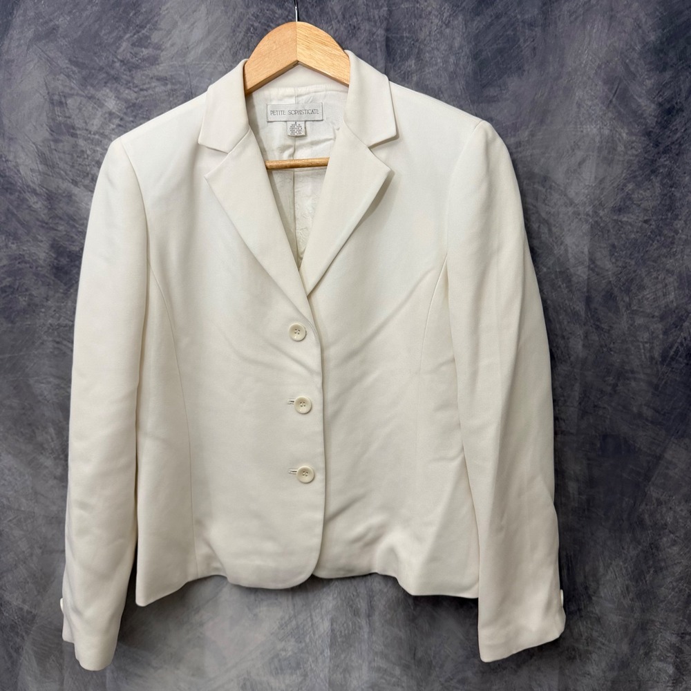 Quiet Luxury Womens Cream 3 Button Blazer Jacket Size 8P Off White Liner